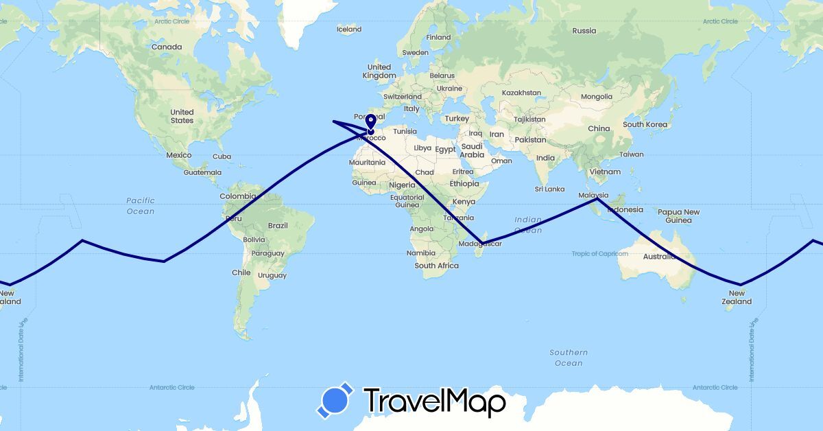 TravelMap itinerary: driving in Chile, France, Morocco, Madagascar, Malaysia, New Zealand, Portugal (Africa, Asia, Europe, Oceania, South America)